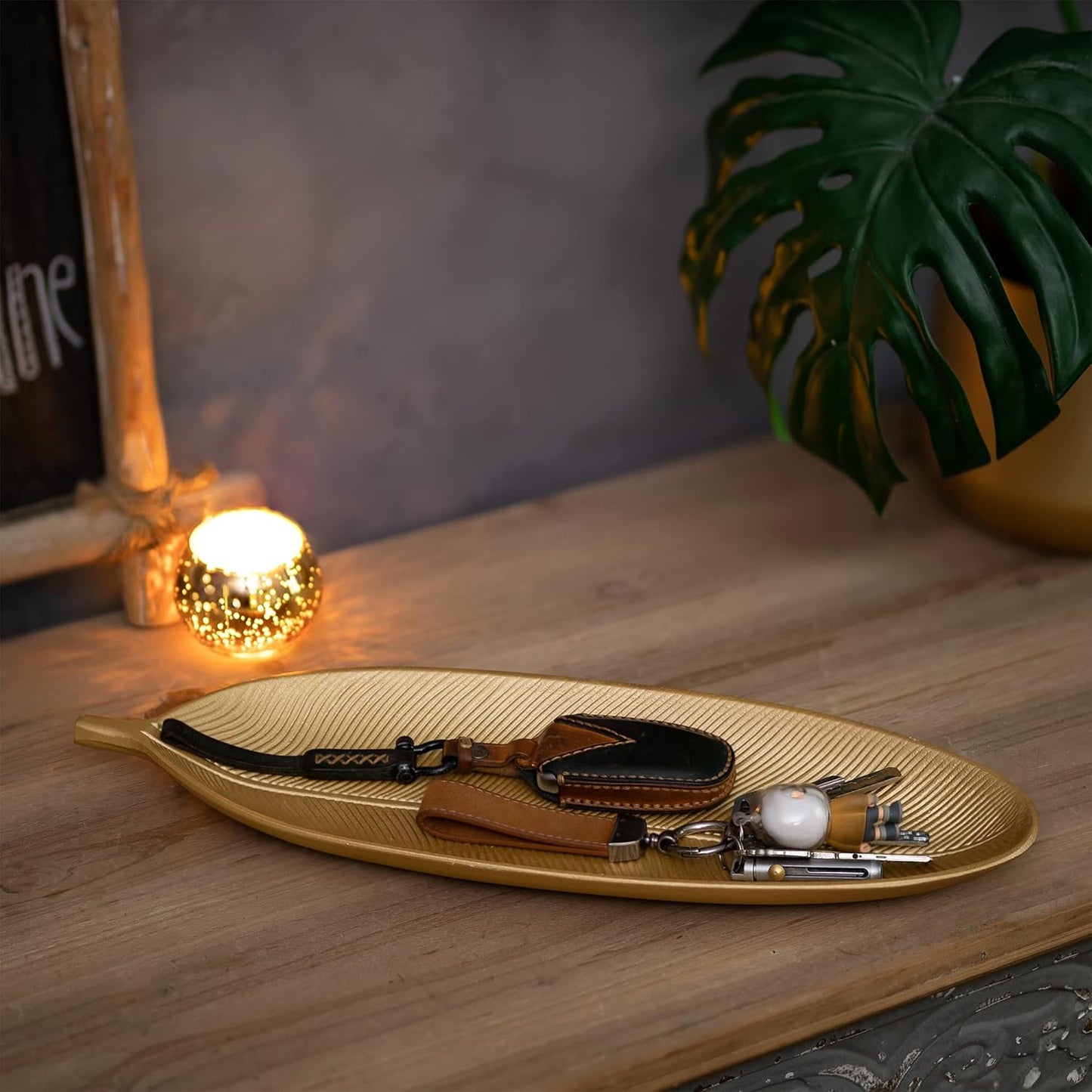 Hanobe Decorative Bowls for Home Decor: Leaf Shaped Wood Key Tray Entryway Decor Leaves Bowl for Fireplace Mantel, Gold