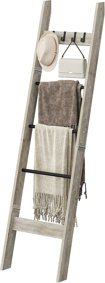 Hzuaneri Blanket Ladder for Living Room, Decorative Quilt Rack with 4 Removable Hooks, 5-Tier Farmhouse Ladder Holder Shelf Organizer for Bedroom, Rustic Brown and Black 02101BBR