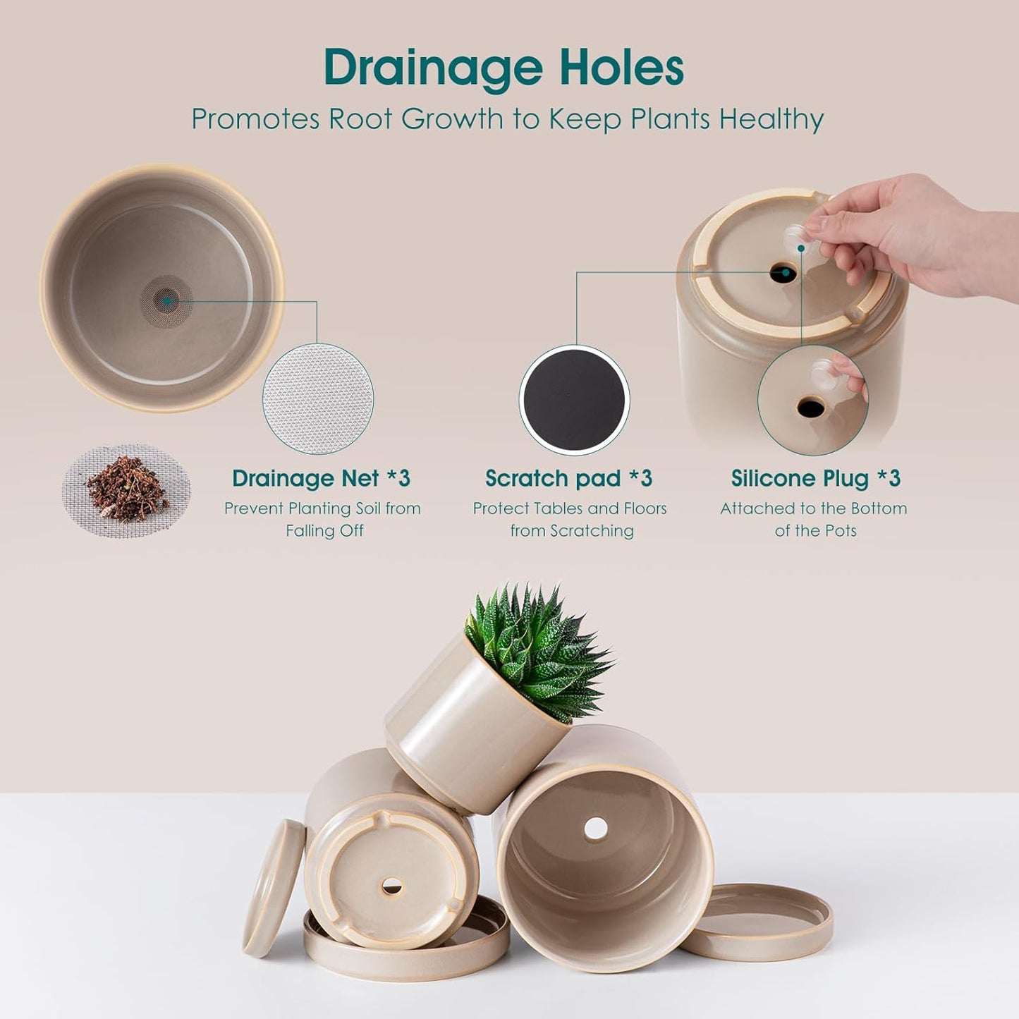 vancasso Ceramic Plant Pots, 3 Piece Planters for Indoor Plants, 4.25+5.25+6.25 Inch Flower Pots with Drainage, Plant Pots Indoor for Succulent, Pothos, Snake Plant and Money Tree, Etc (White)