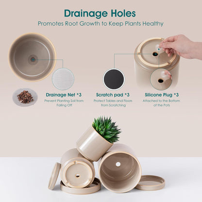 vancasso Ceramic Plant Pots, 3 Piece Planters for Indoor Plants, 4.25+5.25+6.25 Inch Flower Pots with Drainage, Plant Pots Indoor for Succulent, Pothos, Snake Plant and Money Tree, Etc (White)