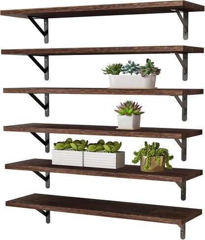 YGEOMER Brown Floating Shelves for Wall, 16.5 Inch Farmhouse Wall Shelves for Bedroom, Bathroom Storage, Living Room and Kitchen Decor (Set of 6 Brown)
