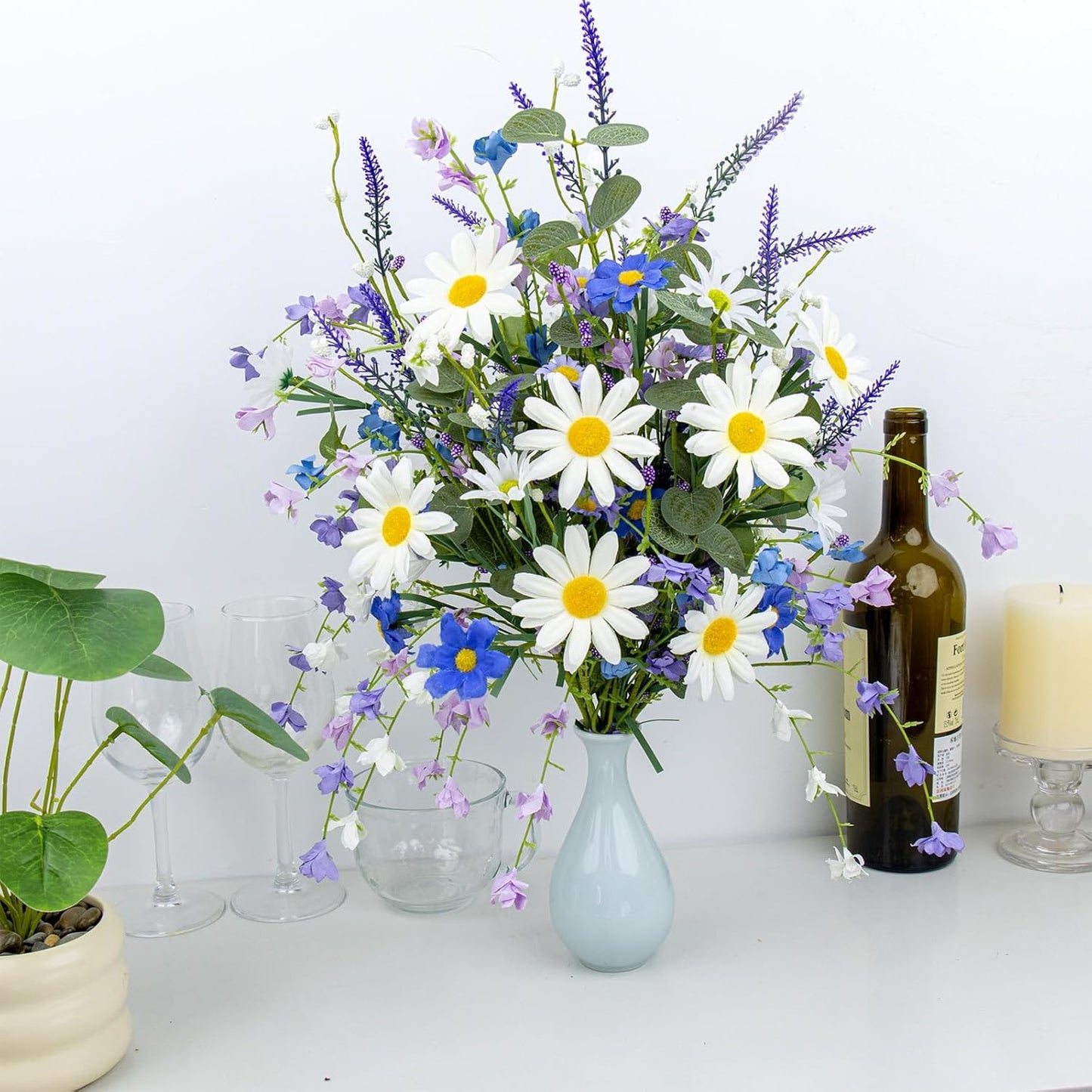 12 PCs Artificial Spring Summer Flowers Rustic Blue and White Artificial Flowers Wildflower Floral Stems with Daffodils Daisy Flower Picks for Vase Table Centerpieces Summer Spring Decor