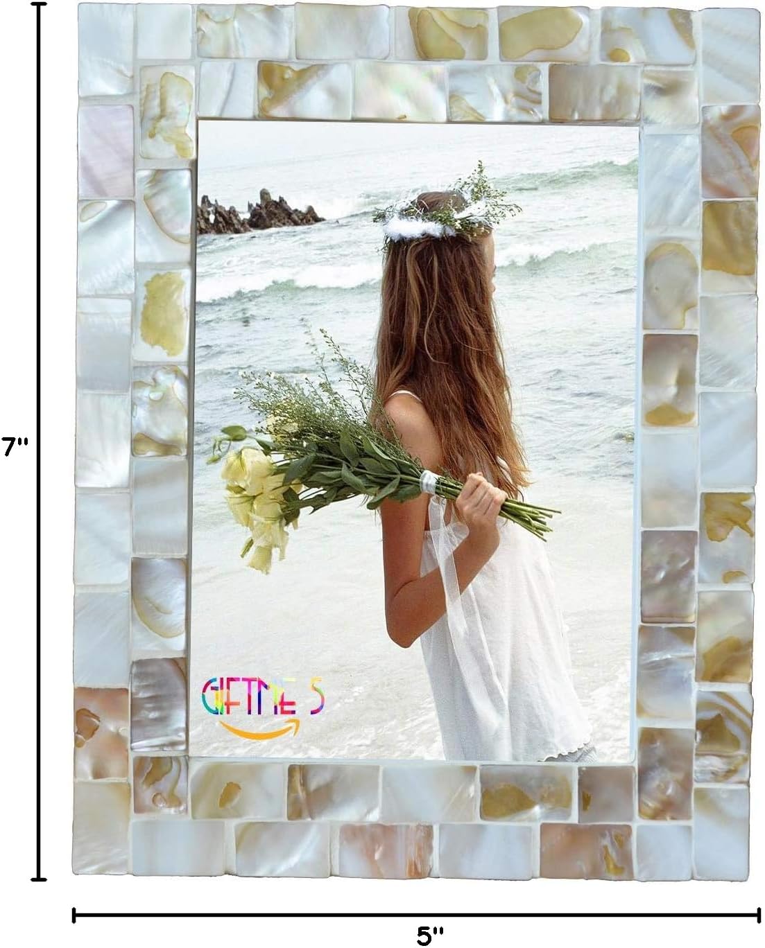 Silver Plate Picture Frame 5x7 Mother of Pearl 5 by 7 Photo Frame Mosaic Glass Tabletop Frame (Grey+ White,1pc)