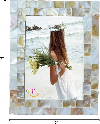 Silver Plate Picture Frame 5x7 Mother of Pearl 5 by 7 Photo Frame Mosaic Glass Tabletop Frame (Grey+ White,1pc)