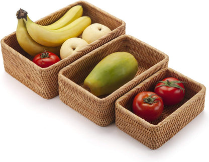 Round Rattan Fruit Baskets Woven Storage Bowls Key Holder Stackable for Shelf Kitchen Tabletop Natural Set of 3