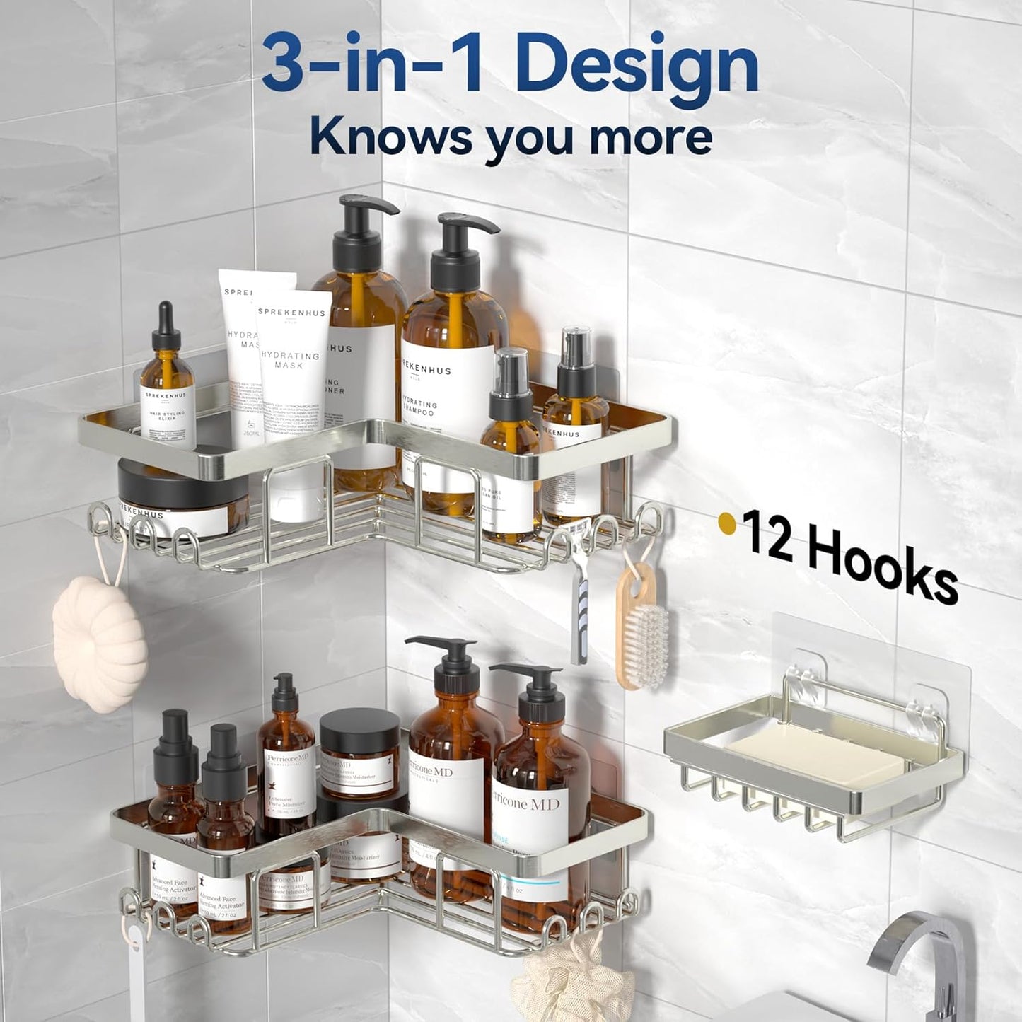 YASONIC Corner Adhesive Shower Caddy, with Soap Holder and 12 Hooks, Rustproof Stainless Steel Bathroom Organizer, No Drilling Wall Mounted Rack, Black, 3-Pack