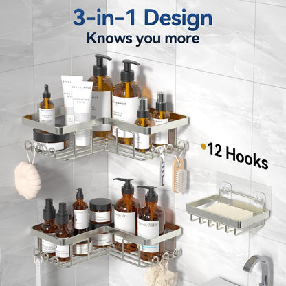 YASONIC Corner Adhesive Shower Caddy, with Soap Holder and 12 Hooks, Rustproof Stainless Steel Bathroom Organizer, No Drilling Wall Mounted Rack, Black, 3-Pack