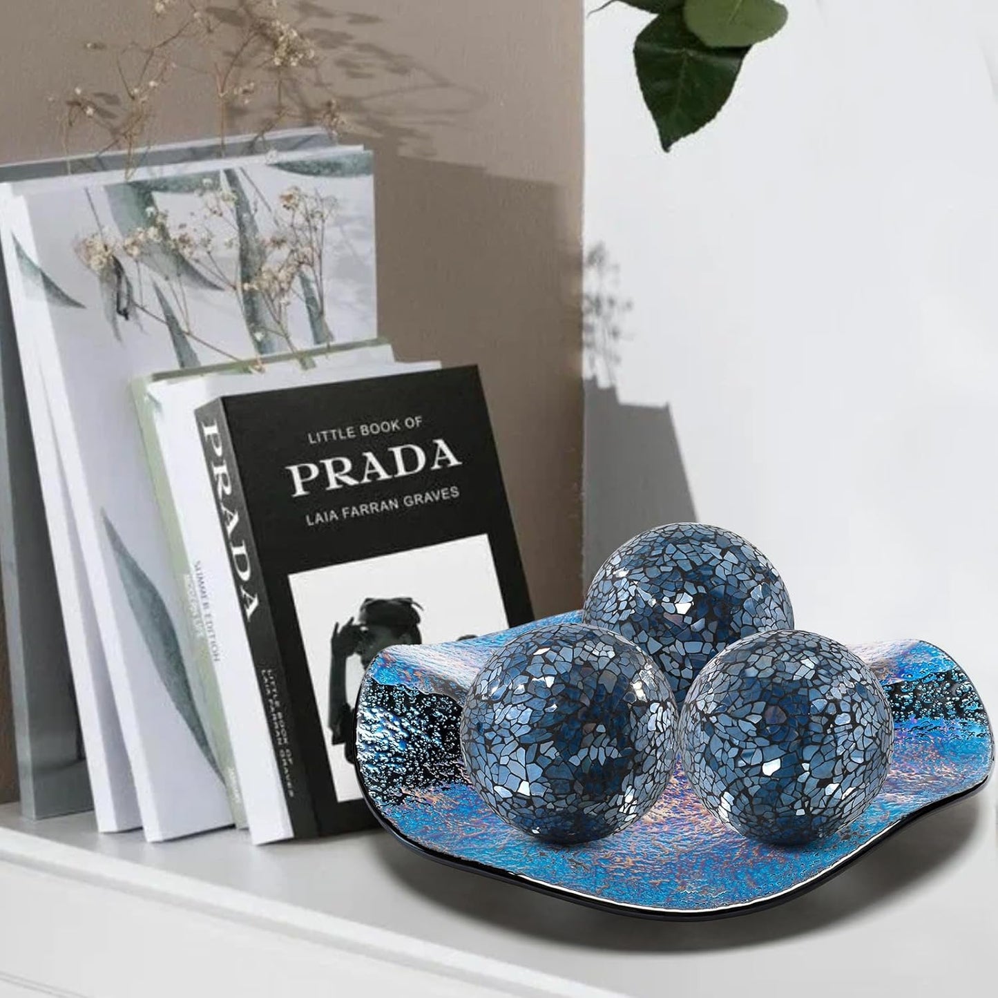 3Pcs Mosaic Glass Orbs Decorative Balls Set 8.5cm/3.35inch Blue Sphere Wedding Party Home Decor Table Centerpiece