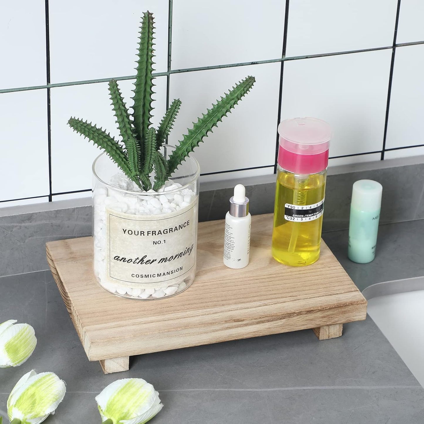 Nuogo Wood Riser Tray Soap, Stand Soap Tray for Kitchen Sink, Wood Pedestal for Kitchen Counter Sink Stand Decorative Rustic Bathroom Dishes Plant Bottles Candles Display(12 x 7 Inch,Brown)