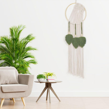 LB Boho Macrame Wall Hanging - Green and Beige Handmade Cotton Woven Decor, Modern Geometric Bohemian Tapestry Wall Decor for Bedroom Living Room Home (31.5"x9.84") Nature-Inspired Room Decor