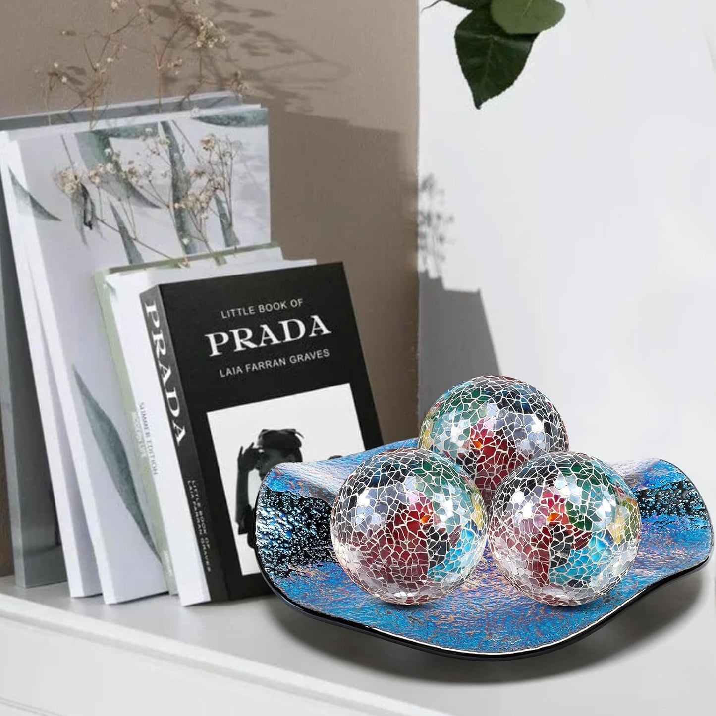3Pcs Mosaic Glass Orbs Decorative Balls Set 8.5cm/3.35inch Blue Sphere Wedding Party Home Decor Table Centerpiece