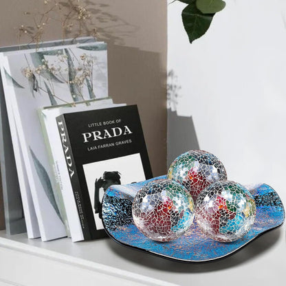 3Pcs Mosaic Glass Orbs Decorative Balls Set 8.5cm/3.35inch Blue Sphere Wedding Party Home Decor Table Centerpiece