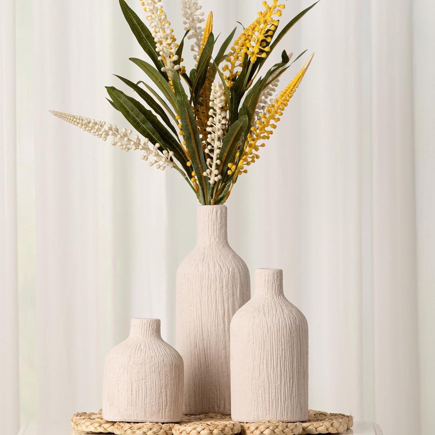 Ceramic Vase Home Table Decor - Flower Vase Set of 3 Living Room Kitchen Decorations Farmhouse Modern Rustic Vases Decorative Centerpiece for Shelf Bedroom Office Bathroom Dining Coffee Desk