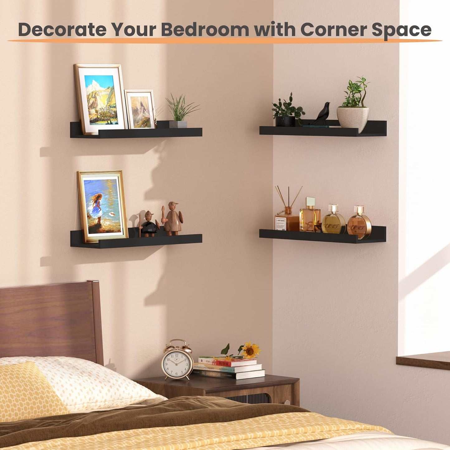 upsimples 6 Pack Wooden Floating Shelves, Wall Storage Decor Shelf for Bathroom, Bedroom, Living Room, Kitchen, Office and Laundry Room, Wall Mounted Display Hanging Shelf, Brown
