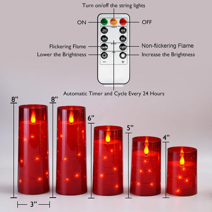 Homemory Flameless Candles with Embedded Star String Fairy Lights, Battery Operated Candles, LED Candle, Fake Candles with Remote Control and Timer for Halloween, Gray Acrylic, Set of 5(H4"5"6"8"8")