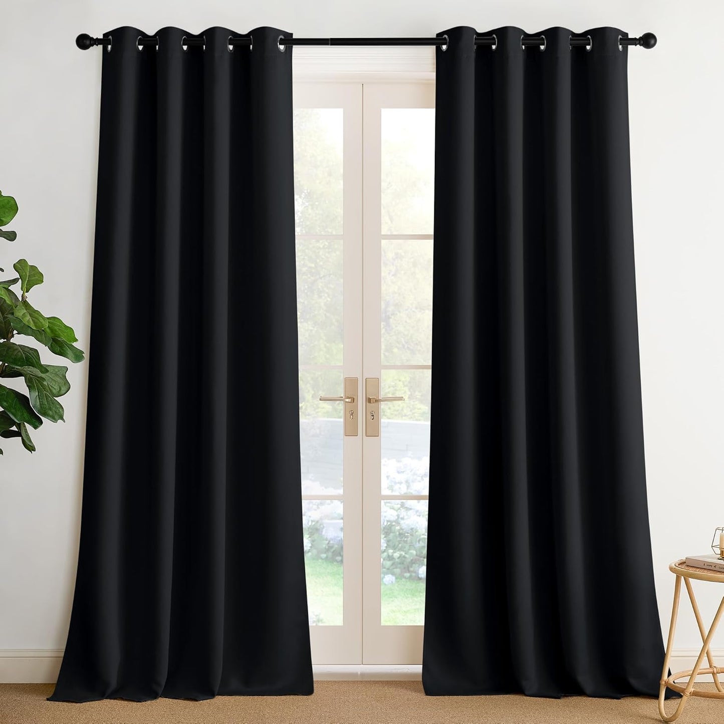 NICETOWN Halloween Pitch Black Solid Thermal Insulated Grommet Blackout Curtains/Drapes for Bedroom Window (2 Panels, 42 inches Wide by 63 inches Long, Black) - Colors E