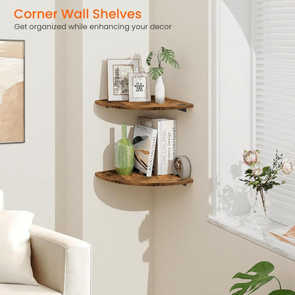 Homode Corner Wall Shelf, 12 in Wide Rounded Corner Shelf Floating, Set of 2 Wooden Hanging Corner Shelves with Wire Hole for Bathroom Living Room Office, White
