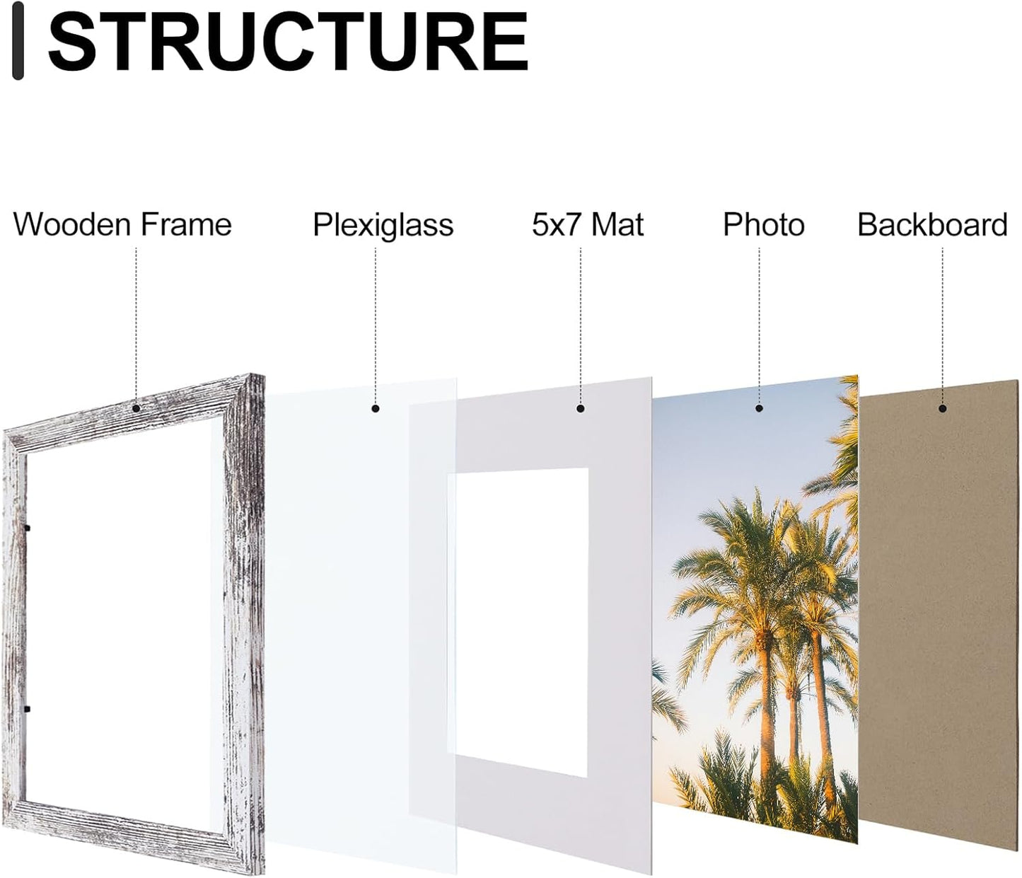 Vittanly 8x10 Picture Frames Set of 9, Shatter Resistant Plexiglass, Display 5x7 Pictures with Mat or 8x10 without Mat, Photo Frames for Wall or Tabletop, Engineered Wood, Black - Colors A