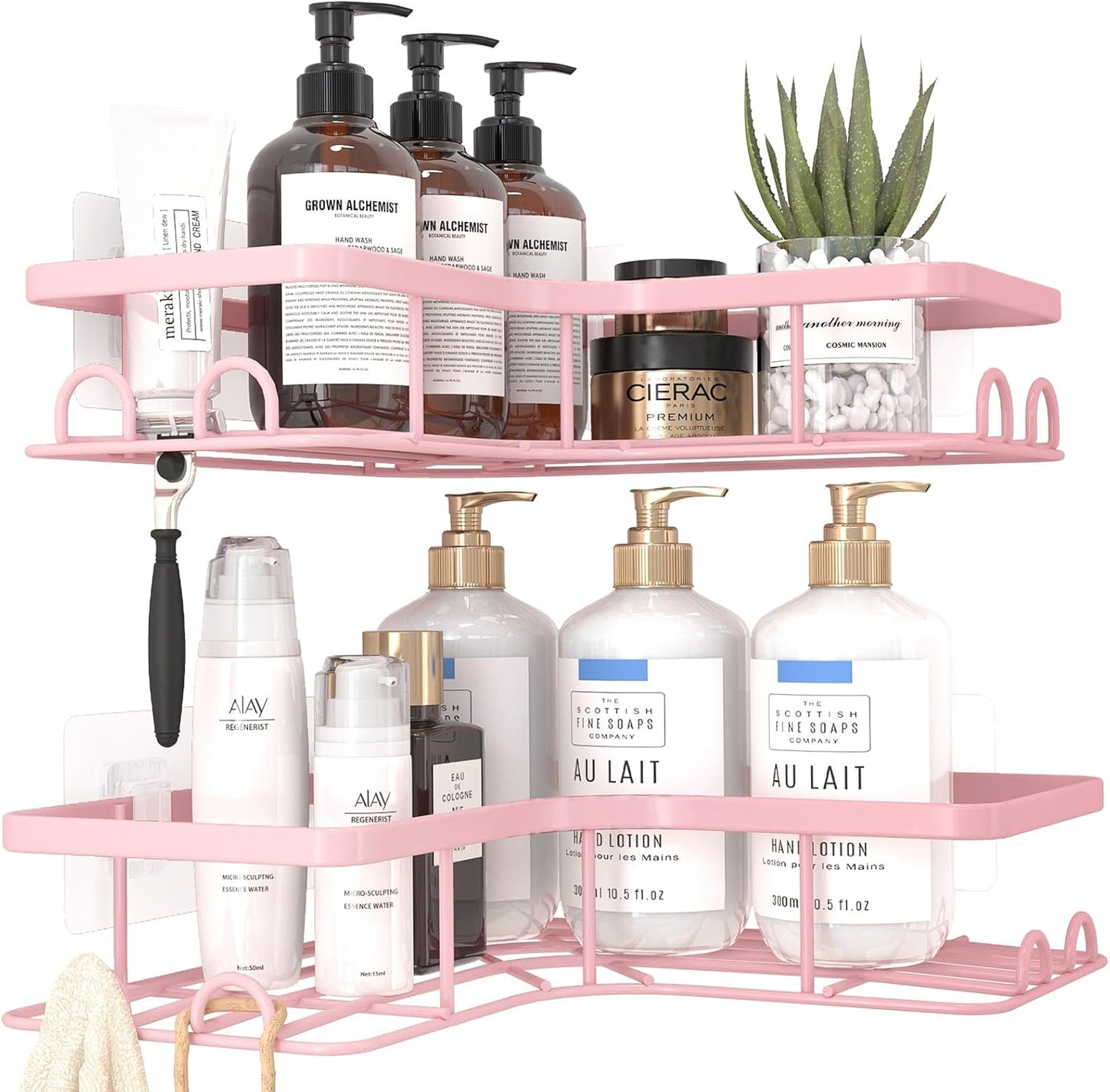 Sakugi Corner Shower Caddy - 2 Pack, Adhesive Shower Organizers, Rustproof Stainless Steel Shower Shelves with 8 Hooks, No Drilling Bathroom Organizers and Storage Racks, Space-Saving, Black, Medium