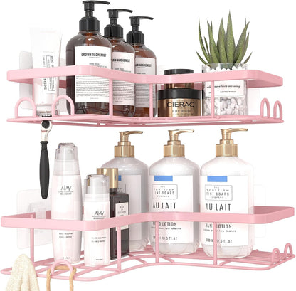 Sakugi Corner Shower Caddy - 2 Pack, Adhesive Shower Organizers, Rustproof Stainless Steel Shower Shelves with 8 Hooks, No Drilling Bathroom Organizers and Storage Racks, Space-Saving, Black, Medium