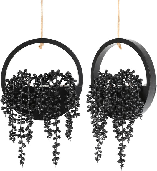 Floweroyal 2pcs Artificial Succulents Hanging Plants 12.2'' Fake String of Pearls in Pot with 8.3'' Lanyard for Indoor Outdoor Wall Decor（Wood Color）.