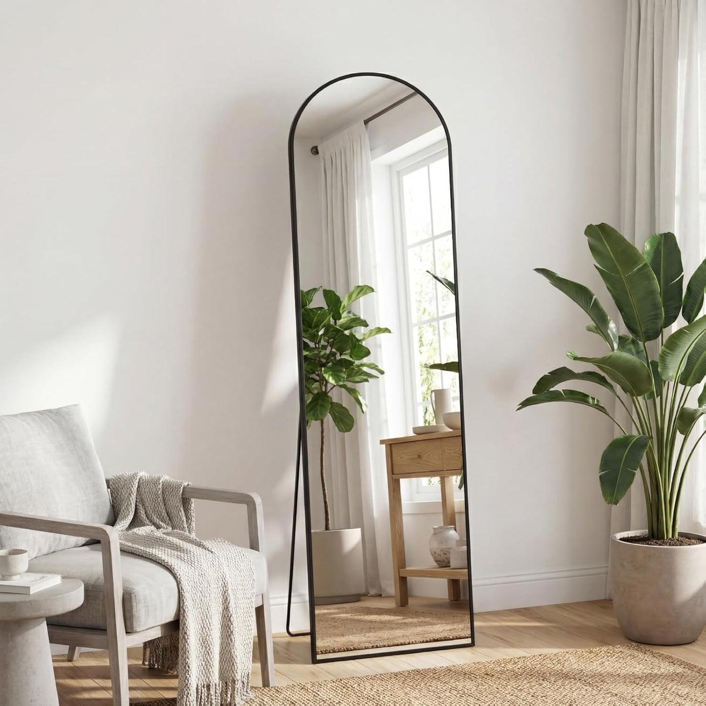 OLIXIS Black Arched Full Length Mirror 60"x16" for Bedroom, Full Body Mirror with Stand, Hanging or Leaning for Wall, Aluminum Alloy Thin Frame Floor Standing for Living Room