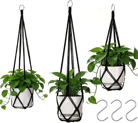 YIBOT 3 Pack Macrame Plant Hanger Indoor Hanging Planter for Plants Holder with 3 Hooks, 35"/29"/23" Size No Tassels for Boho Home Decor, Ivory (POTS NOT Included)