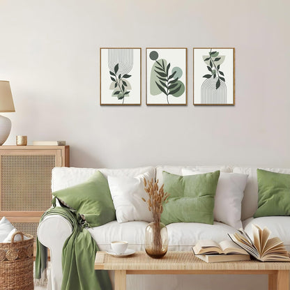 Bwodke Boho Wall Art, Framed Abstract Wall Art, Green Botanical Neutral Canvas Wall Decor, Large Mid Century Plant Pictures Set of 3, Modern Minimalist Paintings, for Bedroom Living Room Bathroom