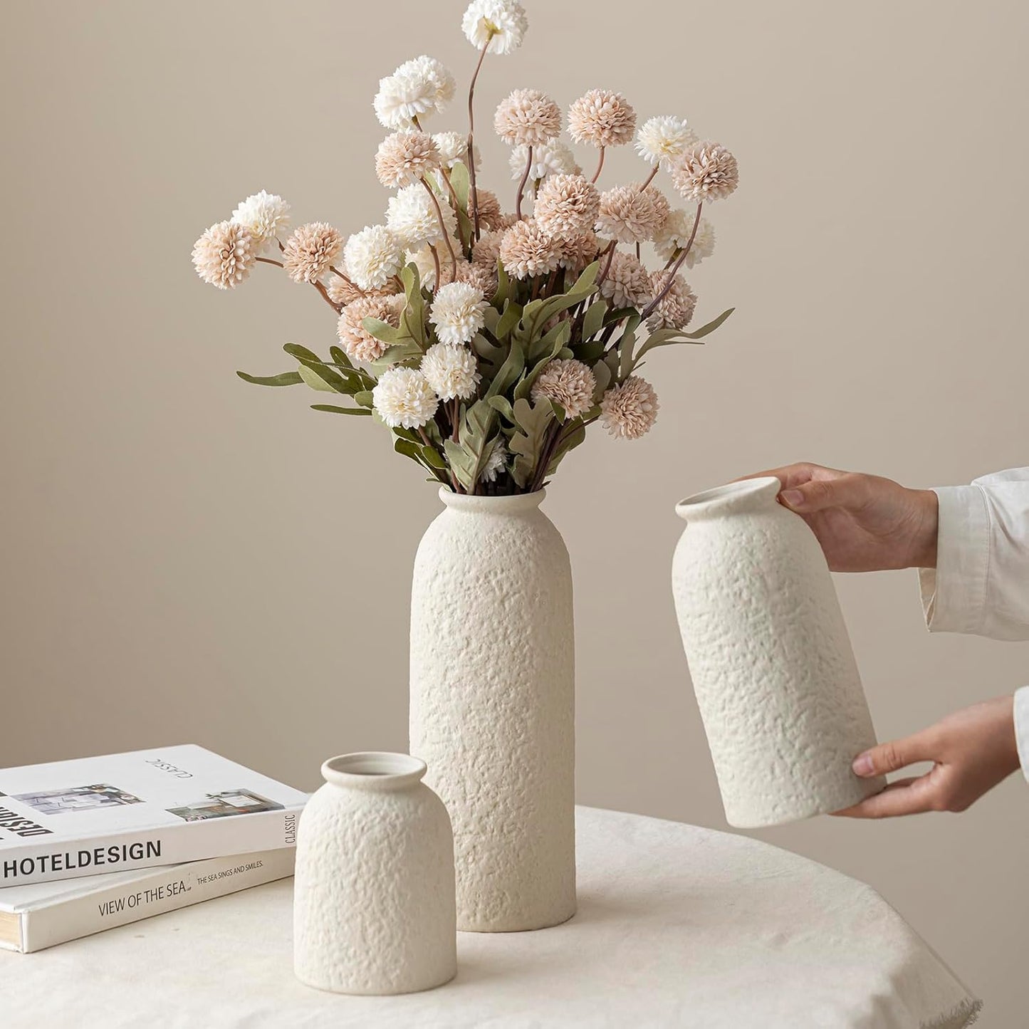 10.4 inches Tall Decorative Ceramic Vase Set, 3 Pieces, Nordic Modern Boho Style, White, Modern Farmhouse for Home Decor (Coffee Mix)
