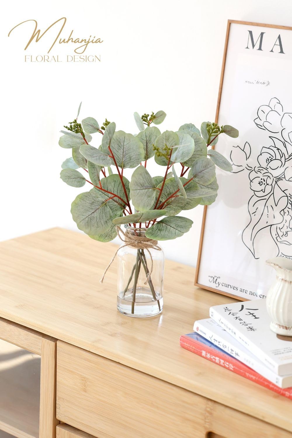 Muhanjia Artificial Eucalyptus Stems in Glass Vase with Faux Water,3Pcs Fake Plant with Double-Sided Green Leaves for Centerpiece(Double-Sided Green Eucalyptus)