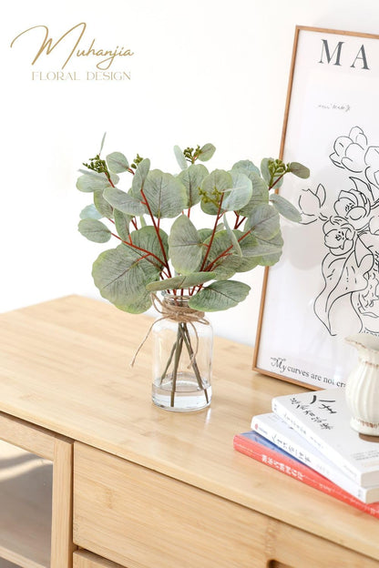 Muhanjia Artificial Eucalyptus Stems in Glass Vase with Faux Water,3Pcs Fake Plant with Double-Sided Green Leaves for Centerpiece(Double-Sided Green Eucalyptus)