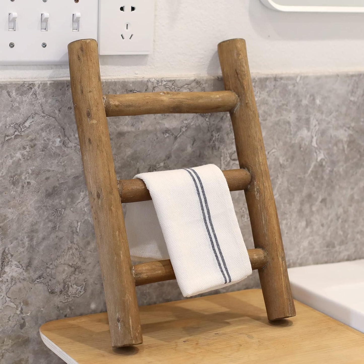 FUIN 57in Wood Blanket Ladder Living Room Decorative Wall Leaning Farmhouse Quilt Display Holder Rustic Wooden Towel Rack for Bathroom, Brown
