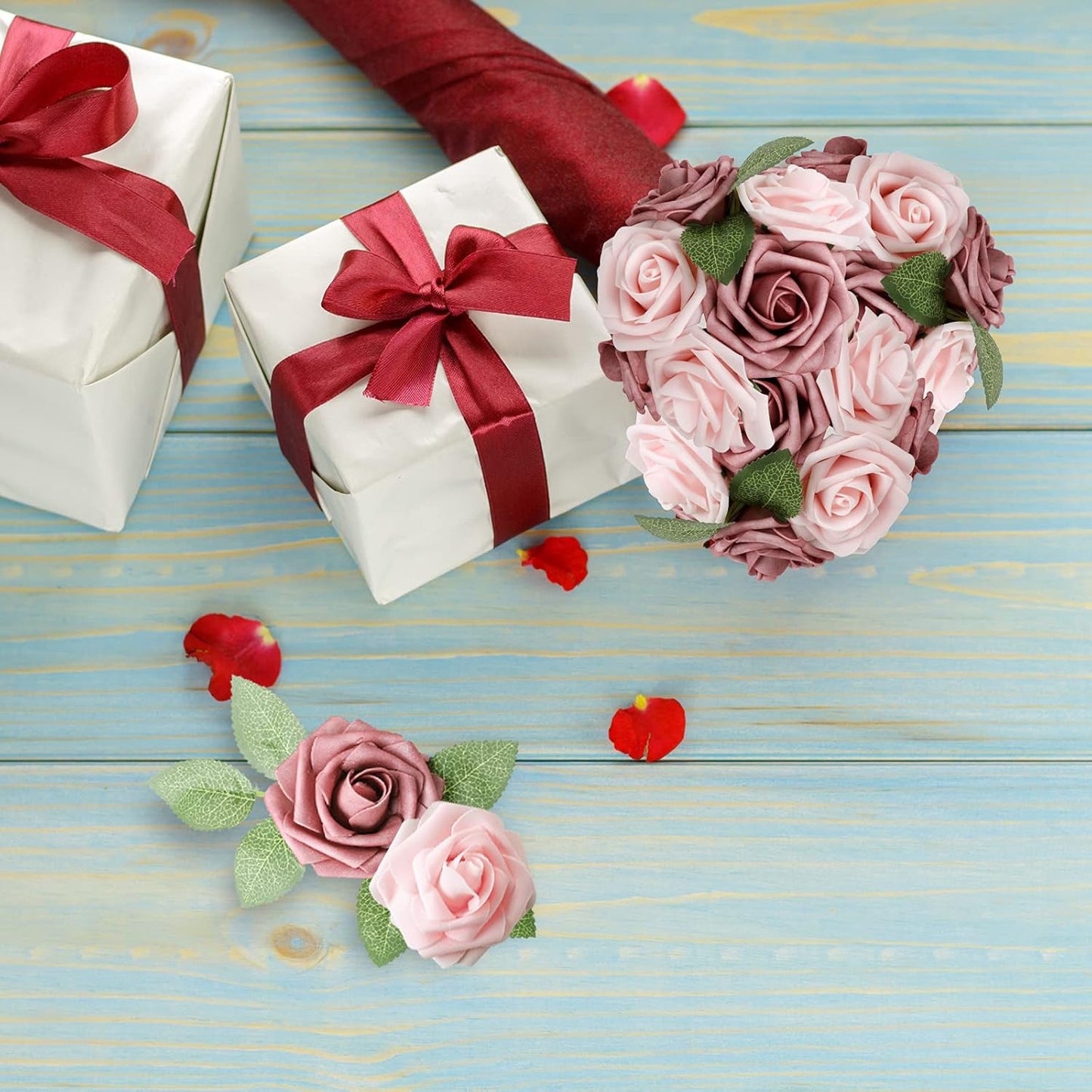 AmyHomie Artificial Flowers Dark Red Rose 25pcs Real Looking Fake Roses w/Stem for DIY Wedding Bouquets Centerpieces Arrangements Party Baby Shower Mothers Day Christmas Tree Decorations