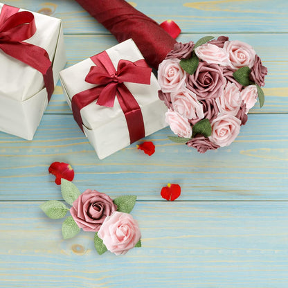 AmyHomie Artificial Flowers Dark Red Rose 25pcs Real Looking Fake Roses w/Stem for DIY Wedding Bouquets Centerpieces Arrangements Party Baby Shower Mothers Day Christmas Tree Decorations