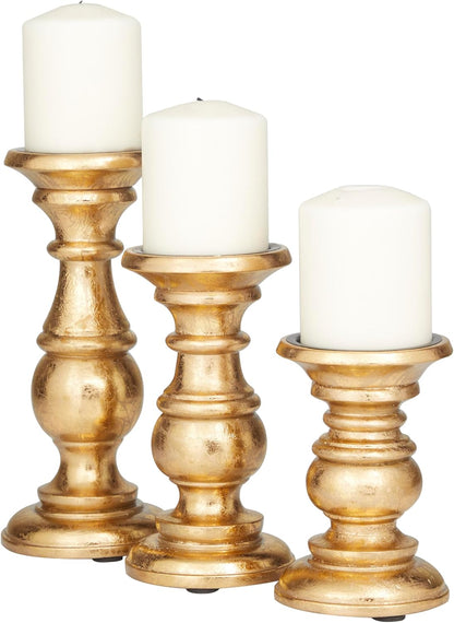 Deco 79 Mango Wood Decorative Candle Holder Distressed Turned Pillar Candle Stand, Set of 3 Candlestick Holder 6", 8", 10"H, Light Blue