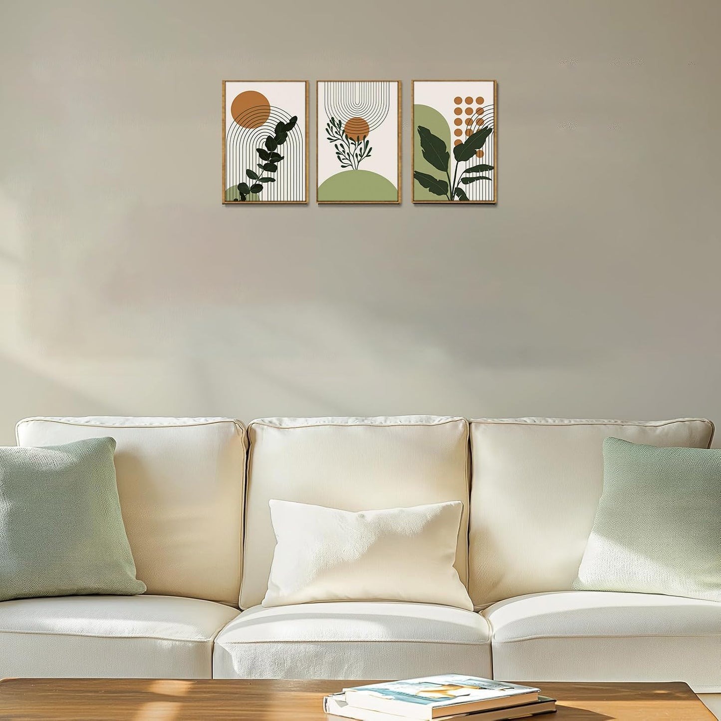 Bwodke Boho Wall Art, Framed Abstract Wall Art, Green Botanical Neutral Canvas Wall Decor, Large Mid Century Plant Pictures Set of 3, Modern Minimalist Paintings, for Bedroom Living Room Bathroom