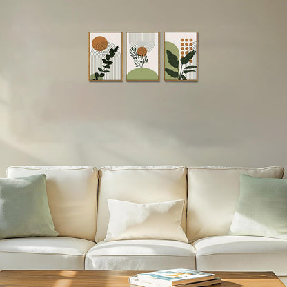Bwodke Boho Wall Art, Framed Abstract Wall Art, Green Botanical Neutral Canvas Wall Decor, Large Mid Century Plant Pictures Set of 3, Modern Minimalist Paintings, for Bedroom Living Room Bathroom