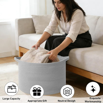 Large Woven Blanket Basket,65L Cotton Rope Laundry Basket Hamper with Handles, Decorative Nursery Basket Storage Bin for Toys, Clothes Organizer, Living Room, Bedroom, Bathroom, White & Brown