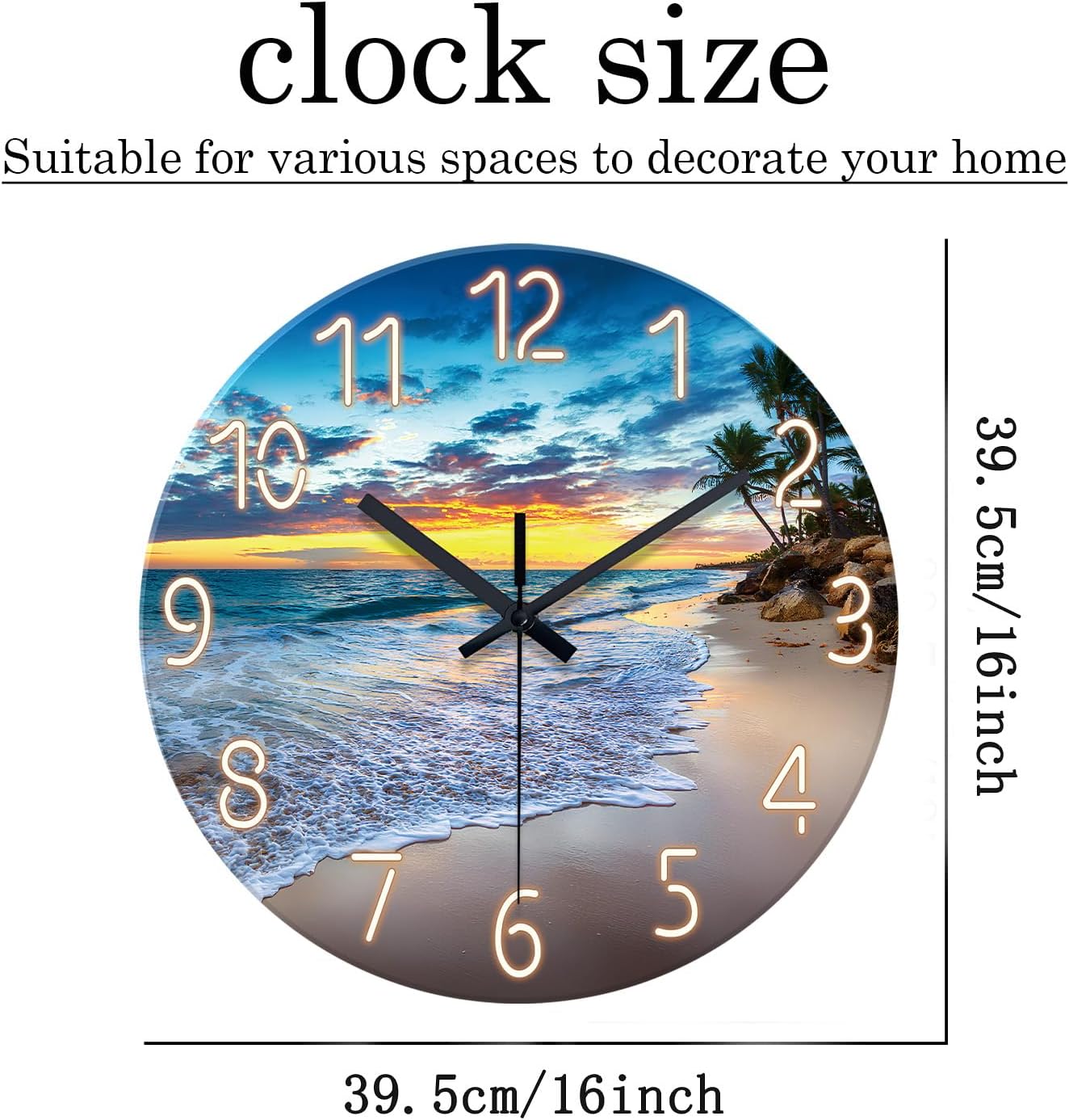 Beach Wall Clock Battery Operated 12 Inch Glass Wall Clock Non Ticking Analog Blue Wall Clocks for Bedroom Living Room Office Decor