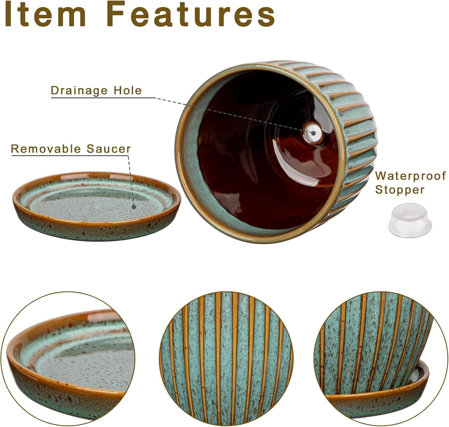Oairse Ceramic Pots for Indoor Plants, 4.9 +5.7 inch Set of 2 Brown Plant Pots with Drainage Holes and Saucers Texture Ceramic Planters Indoor Outdoor Flower Planters for Succulent