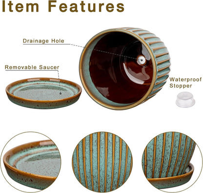 Oairse Ceramic Pots for Indoor Plants, 4.9 +5.7 inch Set of 2 Brown Plant Pots with Drainage Holes and Saucers Texture Ceramic Planters Indoor Outdoor Flower Planters for Succulent