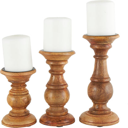 Deco 79 Mango Wood Decorative Candle Holder Distressed Turned Pillar Candle Stand, Set of 3 Candlestick Holder 6", 8", 10"H, Light Blue