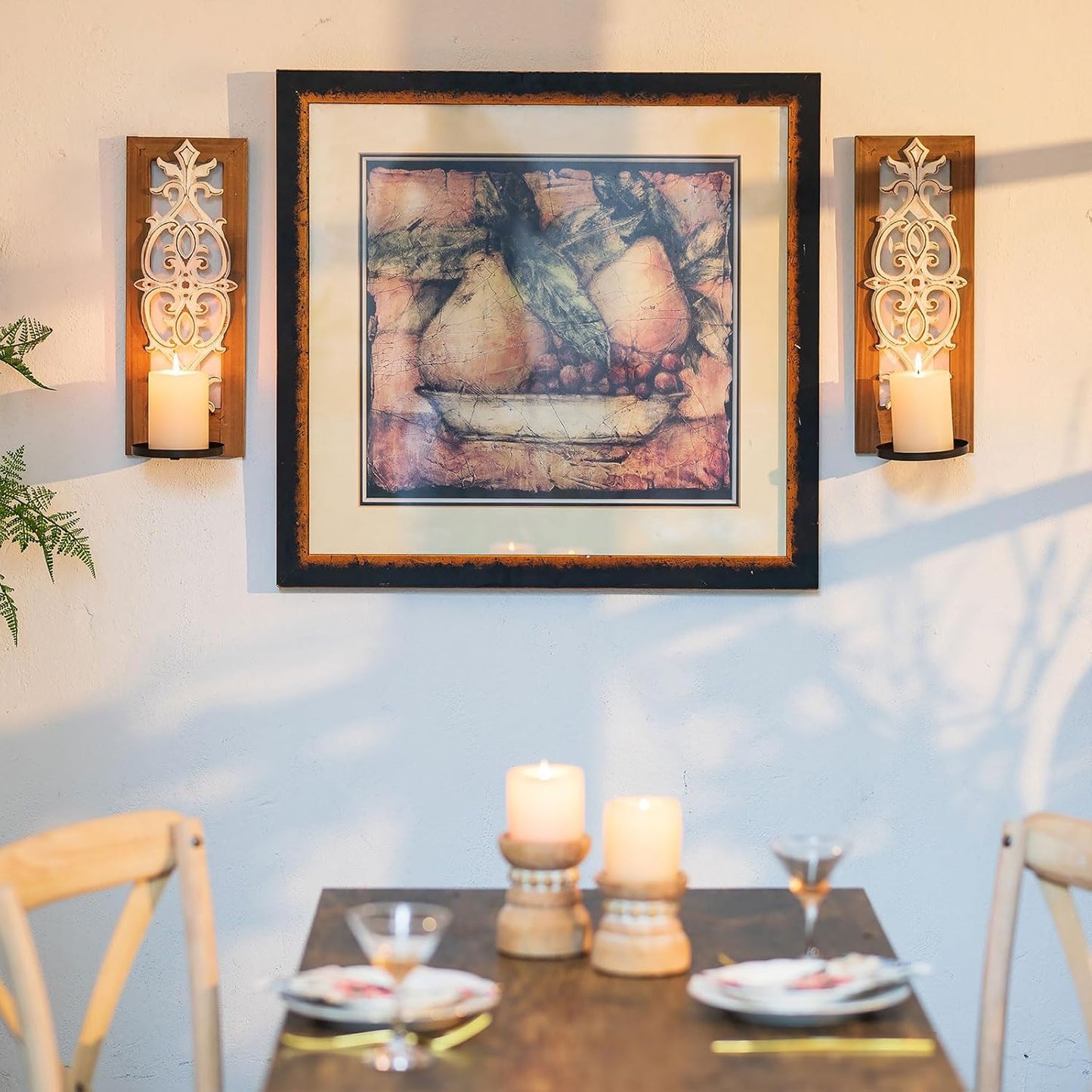 Farmhouse Wood Candle Sconces Wall Decor - Set of 2 Walasis Rustic Wall Candle Holder Decorative Carved Brown Candle Sconce Farmhouse Art Distressed Pillar Candles Holder for Fireplace Decor