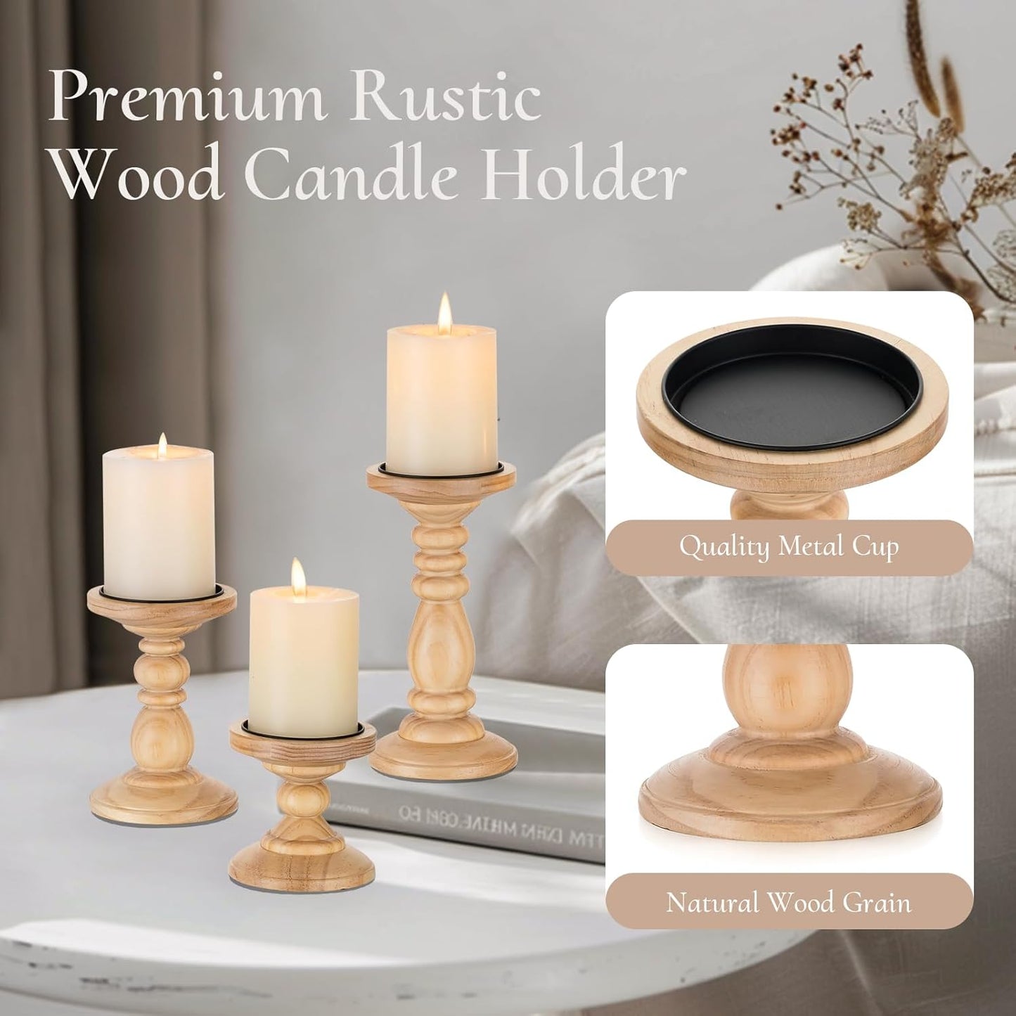 Wood Pillar Candle Holder: 3Pcs Rustic White Candle Holders for Pillar Candles Wood Candle Holders Distressed Wooden Farmhouse Candle Holder Large Rustic Candle Holder for Fireplace Table