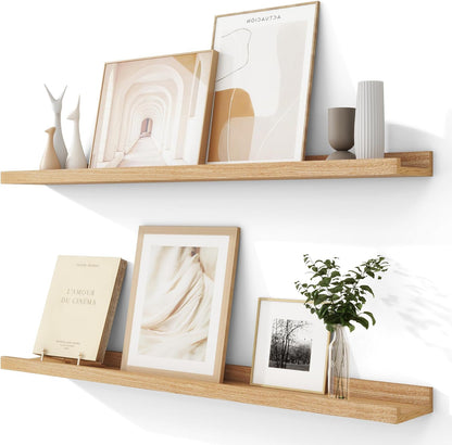 FLYJOE Picture Ledge Shelf, Floating Shelves Set of 2, Solid Pine Wood 55'' Long Large Nursery Book Shelves for Toys Storage, Kids Bookshelf for Living Room Bedroom Decor Books Photo Frames, Walnut