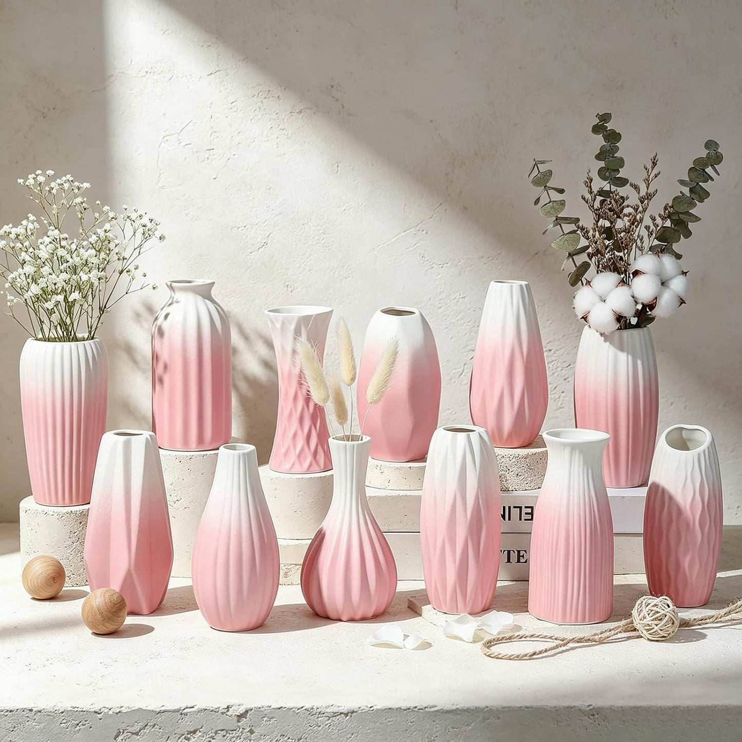 BEAHOT Ceramic Bud Vases Set of 12 - Matte Mini White Jars Bulk | Small White Ceramic Vases for Centerpieces, Wedding Floral Arrangements, DIY Crafts & Boho Table Decor (No Repeating Designs)