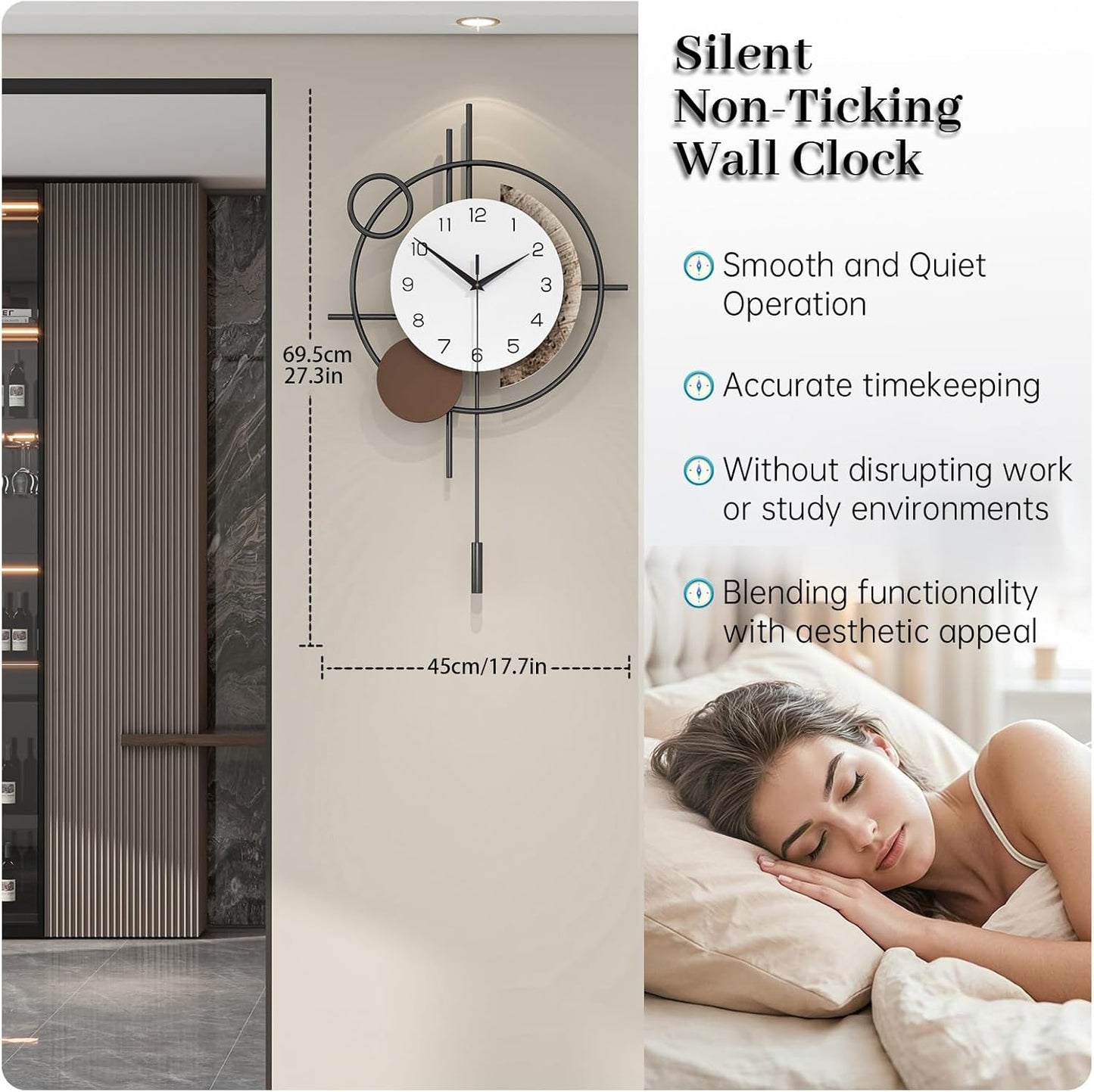 Wall Clock for Living Room Decor Decorative Wall Clock with Pendulum Silent Quartz Battery Operated Black Metal Large Clock for Dining Room,Kitchen,Home,Bathroom,Bedroom,13.8x21.3 in
