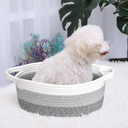 ABenkle Small Basket with Handles, Boho Decorative Rope Woven Dog Cat Toy Storage Bin Shelf Storage Organizer, Easter Christmas Gift Basket, 12"x8"x5", White