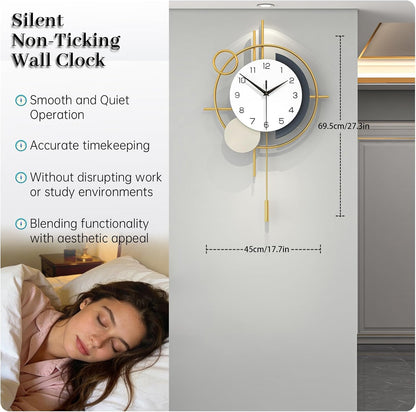 Wall Clock for Living Room Decor Decorative Wall Clock with Pendulum Silent Quartz Battery Operated Black Metal Large Clock for Dining Room,Kitchen,Home,Bathroom,Bedroom,13.8x21.3 in