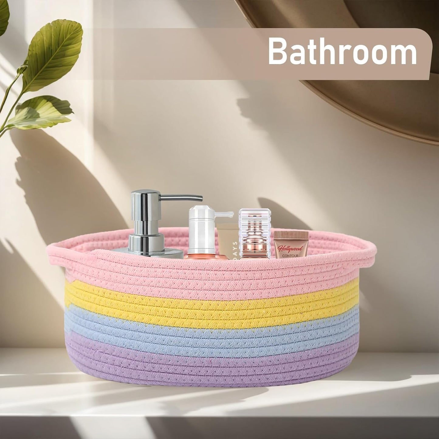JMvicyroam Woven Basket,Small Rope Storage Bin with Handles & Ribbon Bag, Organizer for Shelves Closets,Gift Basket Empty for Birthday,Books,Dog Toys,White